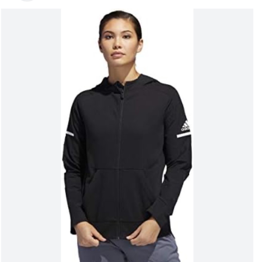Adidas Hooded Full Zip Jacket Track Run Jog Athletic Outdoor Black SZ M Womens - Picture 1 of 10
